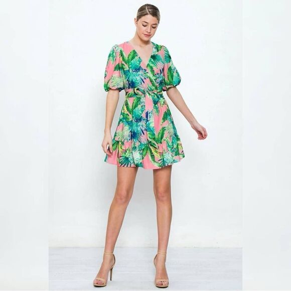 Flying Tomato B-Neck Wrap Tropic Leaf Leaves Print Dress with Puff Short Sleeves - Picture 1 of 11